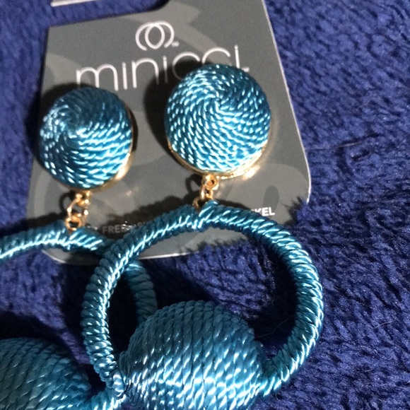 Blue/Gold Dangling Statement Earrings Textured Large Circle Hanging Blue Balls - Picture 2 of 4